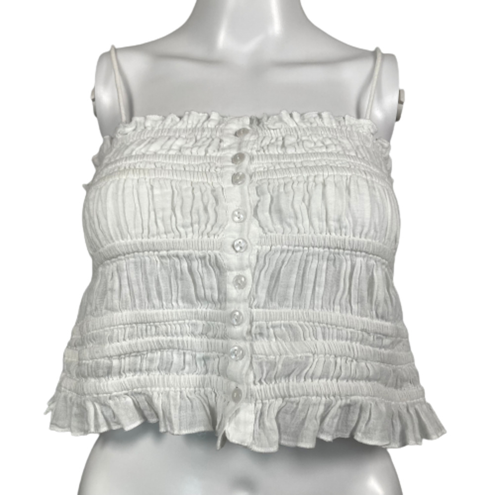 Isa & Ella Shirt Women Sz M White Cotton Smocked Button Up Adjustable Strap Crop